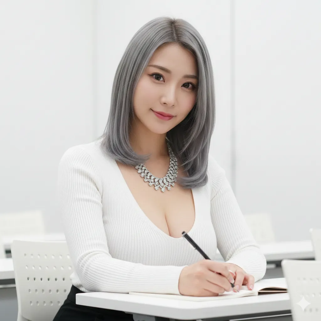 髪をかき上げながら資料を見る大人ギャル構図