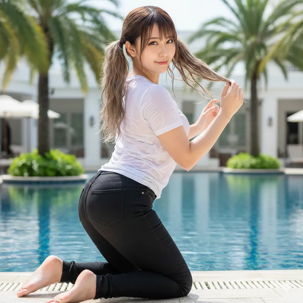 水しぶきを浴びて輝く私服濡れ美女の全身ショット 高画質