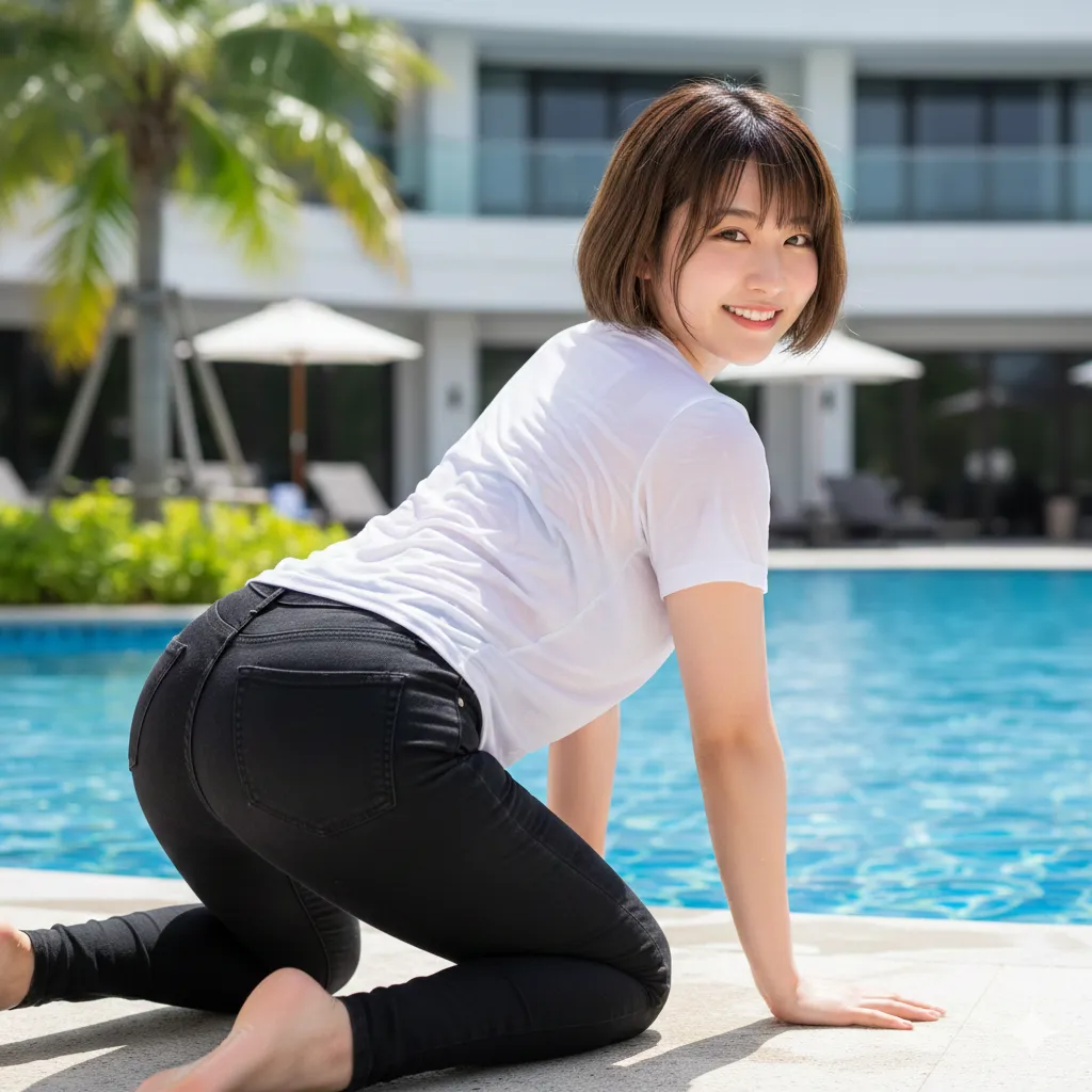 濡れたTシャツの裾から覗くウエストと黒デニムの際どいライン エロ画像