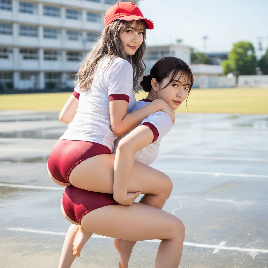 笑顔でしがみつくブルマ美女の可愛いフェチショット