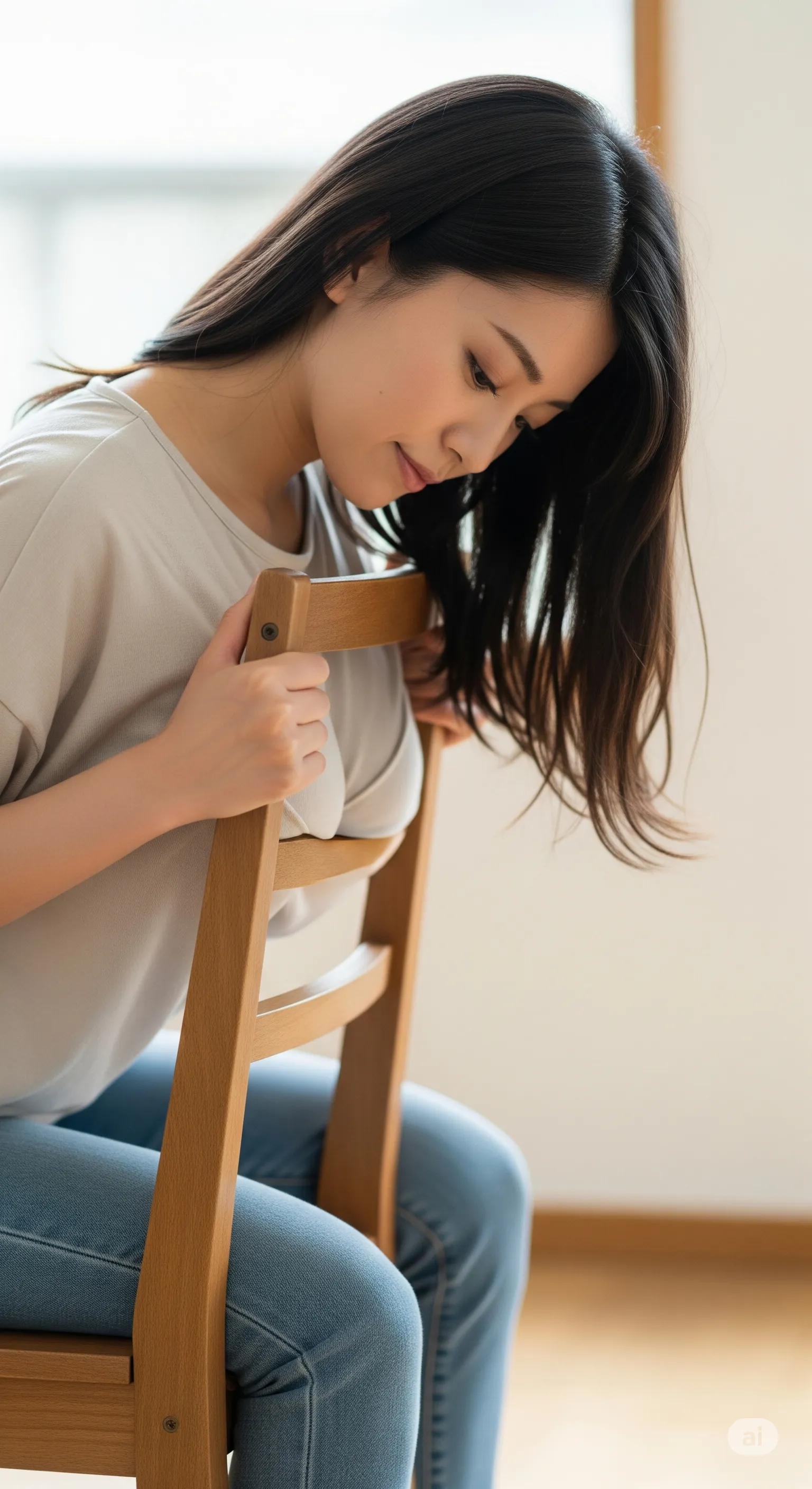 曲木チェアに胸を預ける巨乳美女のフェチ寄りカット 002