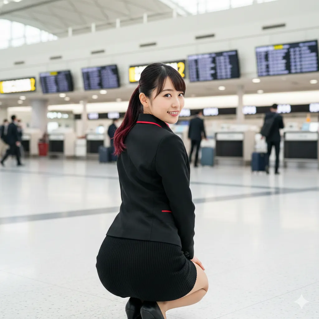 制服CA 四つん這い姿の自然な尻ライン 空港グラビア 012