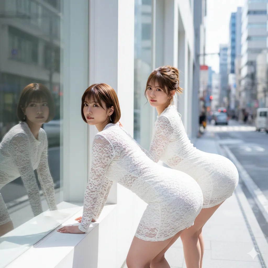 都会のビル群をバックに、振り返りざまに美尻を魅せる美女2人組 エロ画像