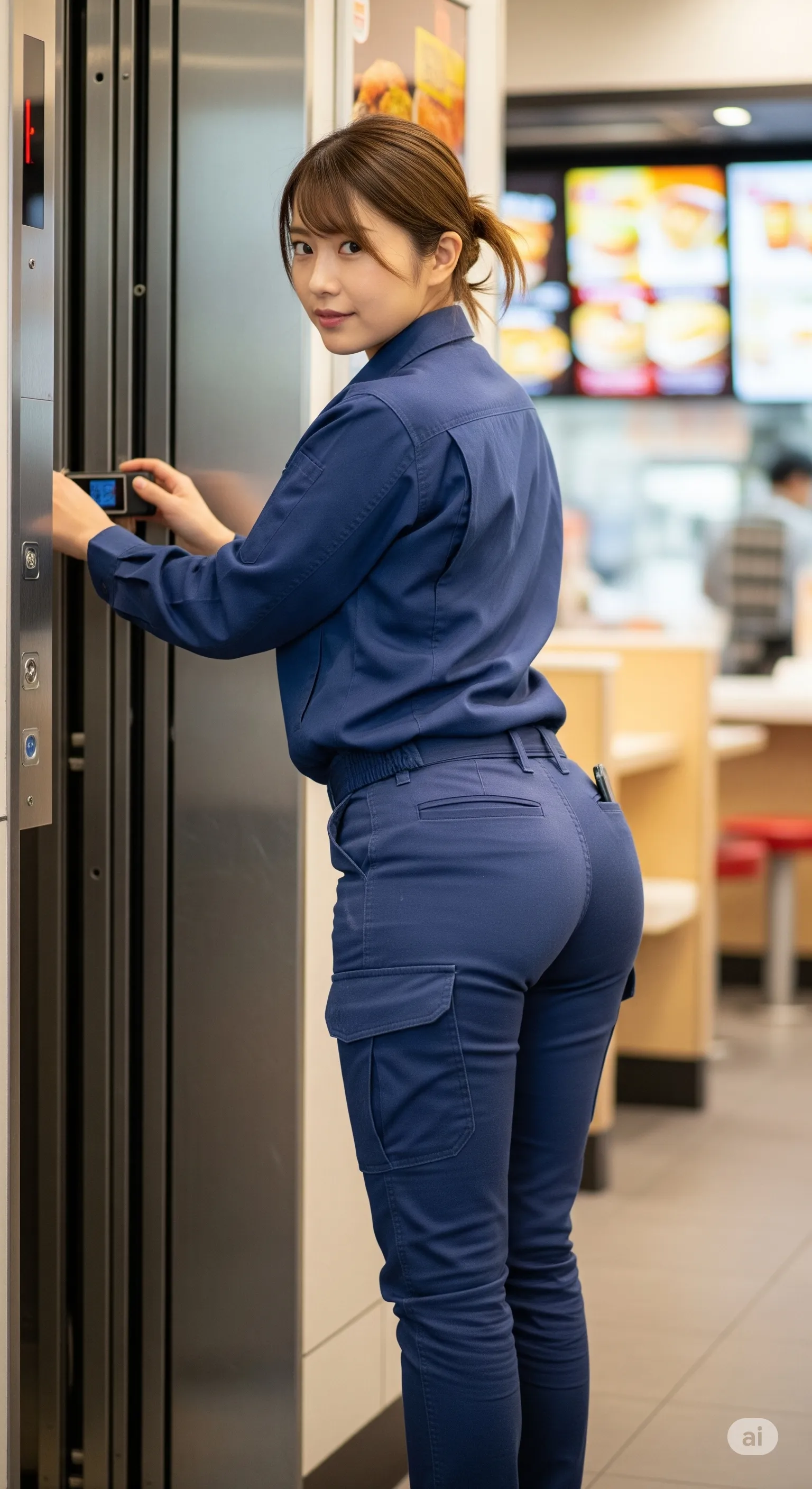 無骨な安全靴と、柔らかそうなヒップのコントラスト