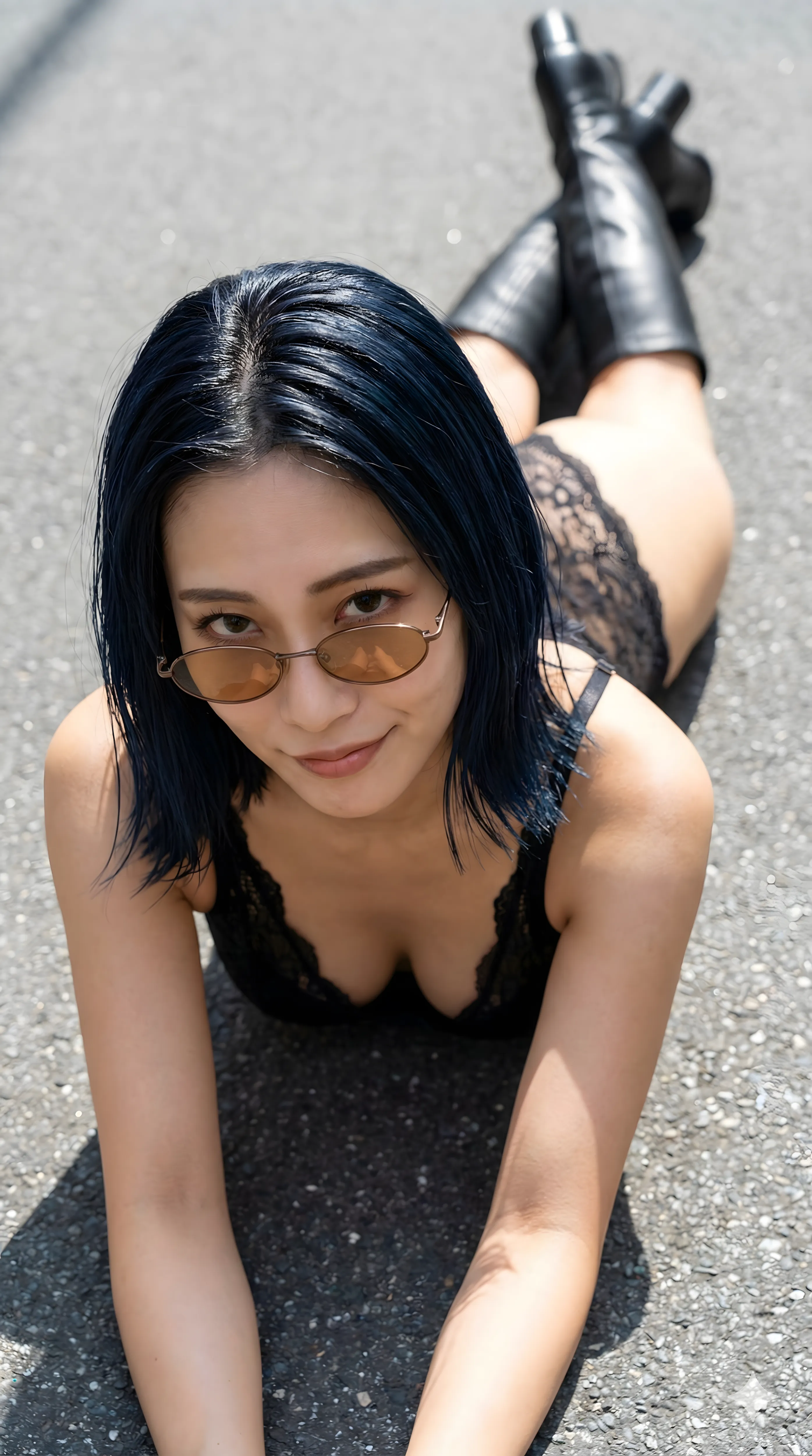 黒ビキニ姿の女性が都会でセクシーポーズ