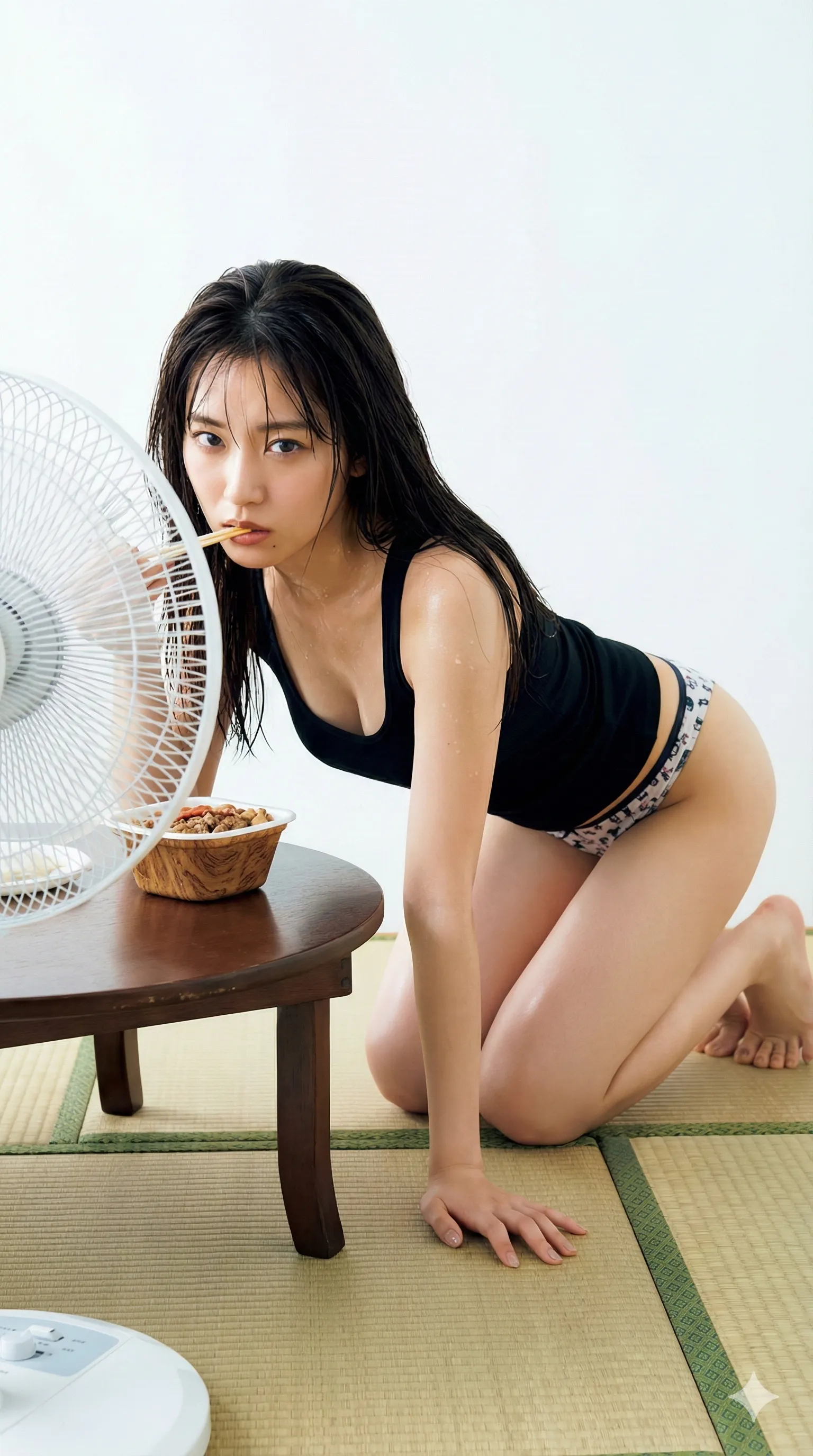 汗ばんだ肌とタンクトップの透け感|和室での食事中に覗く美尻フェチ画像