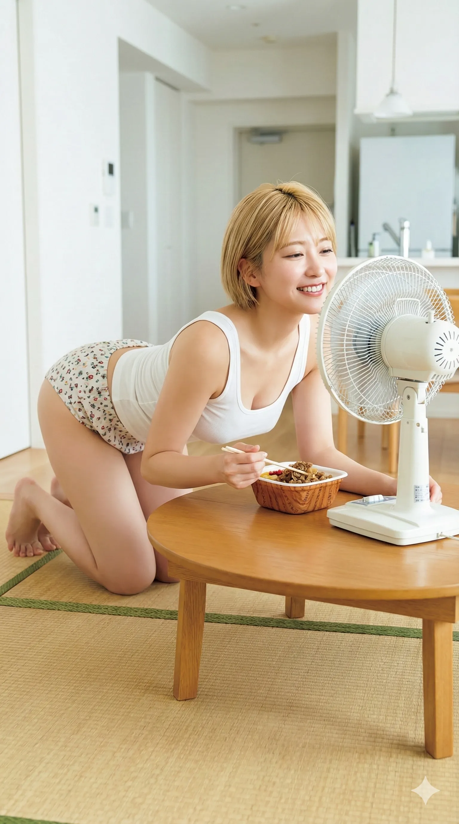 四つん這いでお尻を左右に振りながら、牛丼を楽しむ小悪魔美女画像