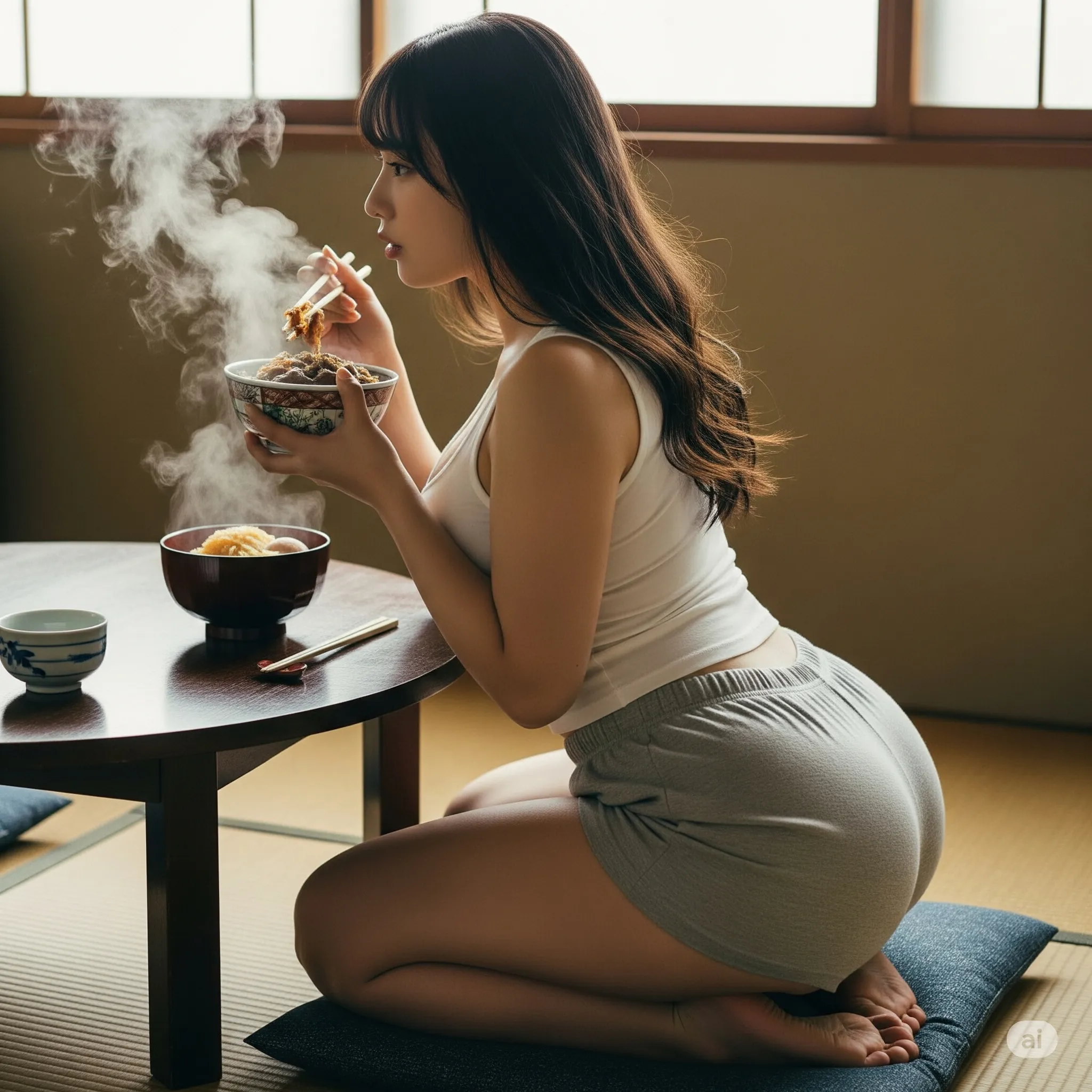 牛丼の熱気で火照った顔と、それとは対照的な涼しげなお尻バックショット