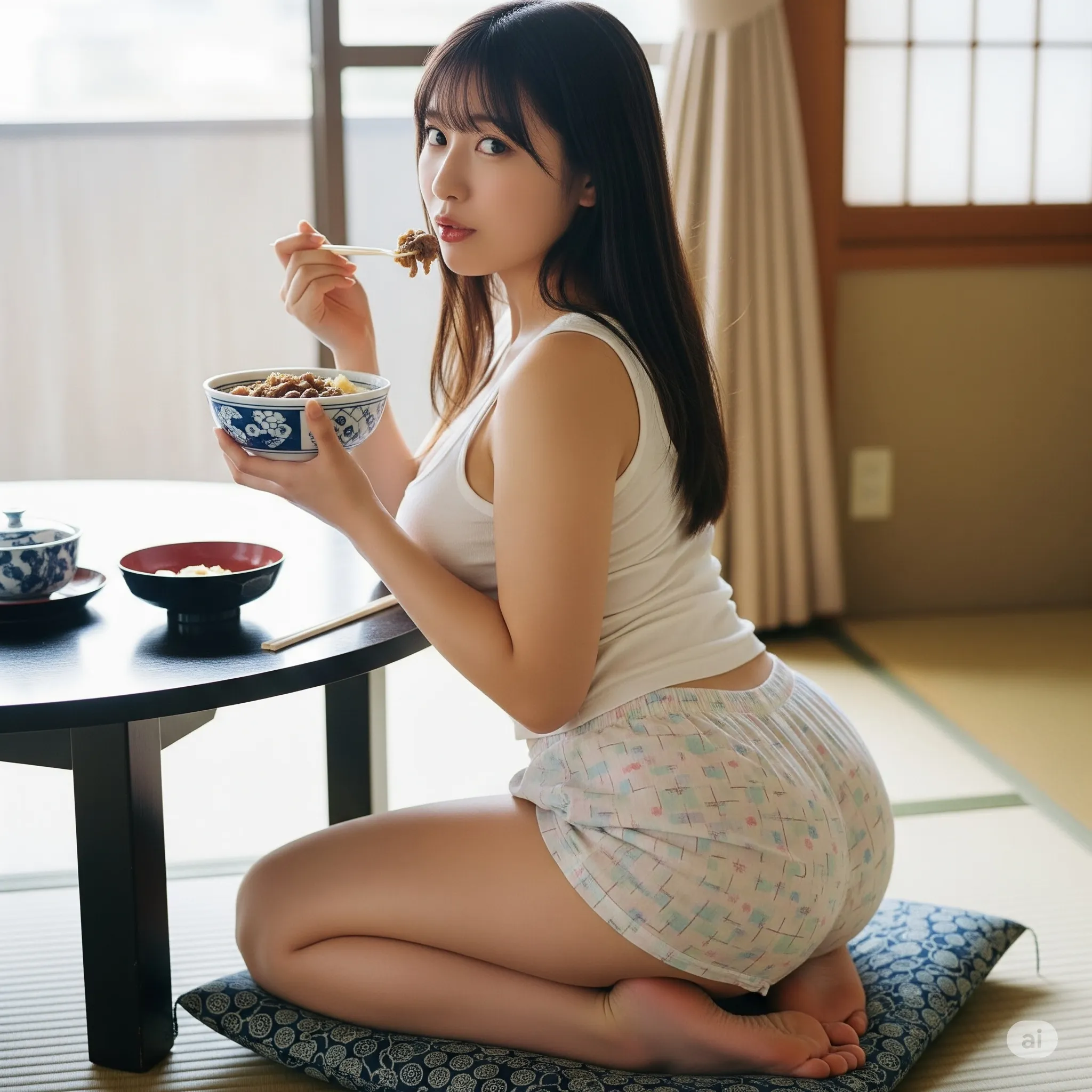 四つん這いで這い寄り、牛丼のお裾分けを誘うようなフェチアングル