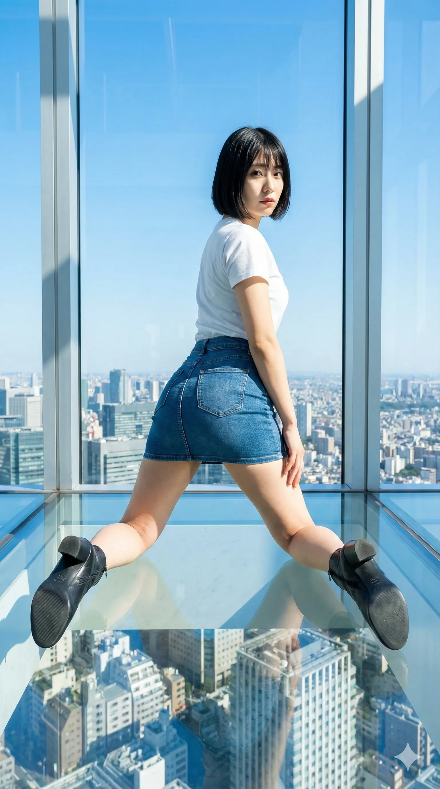 四つん這いでこちらを振り返る、デニムミニ美女の挑発的なパンチラ画像