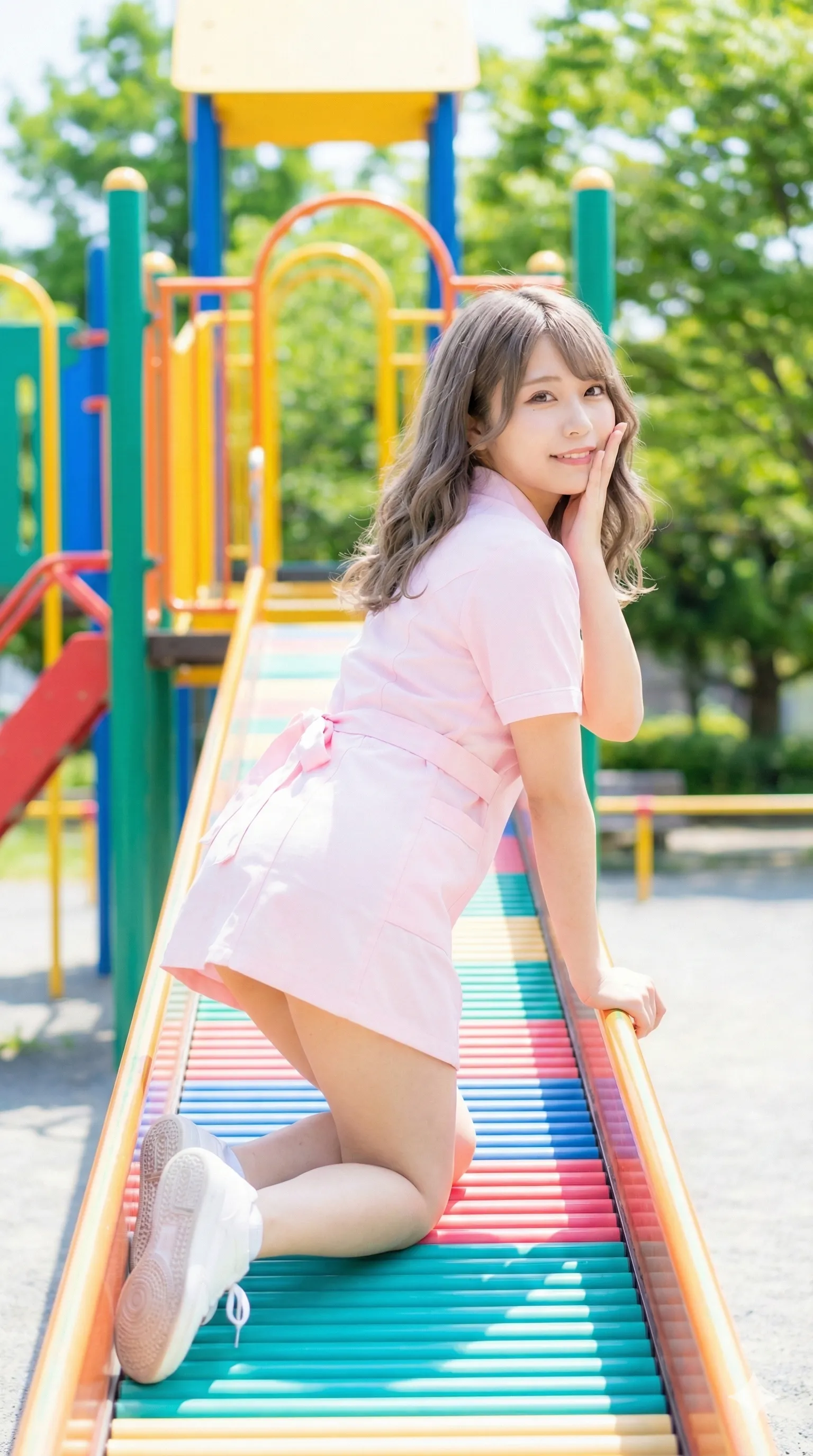 保育士×公園四つん這い微エロ画像集｜ギャル保育士のピンク白衣な尻フェチ