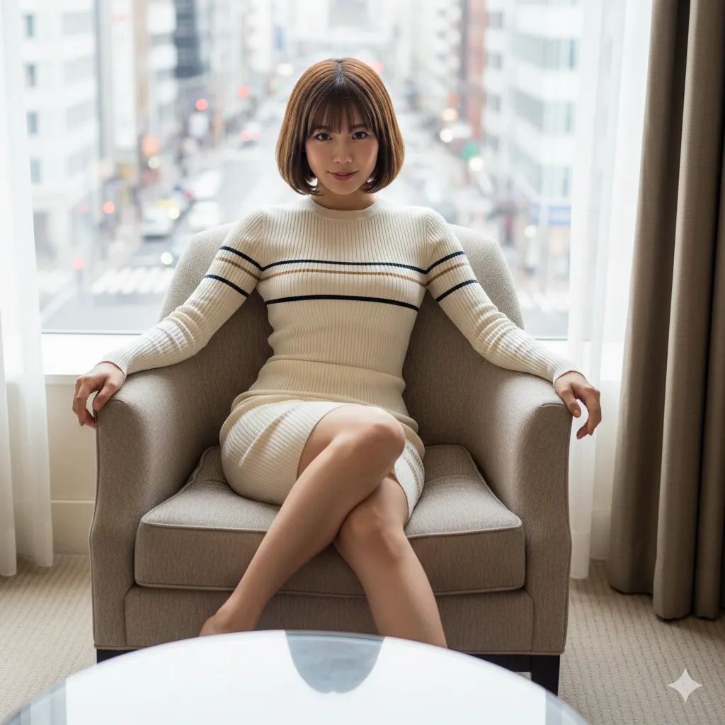 タイトなニットに包まれた、大人の女性の脚線美
