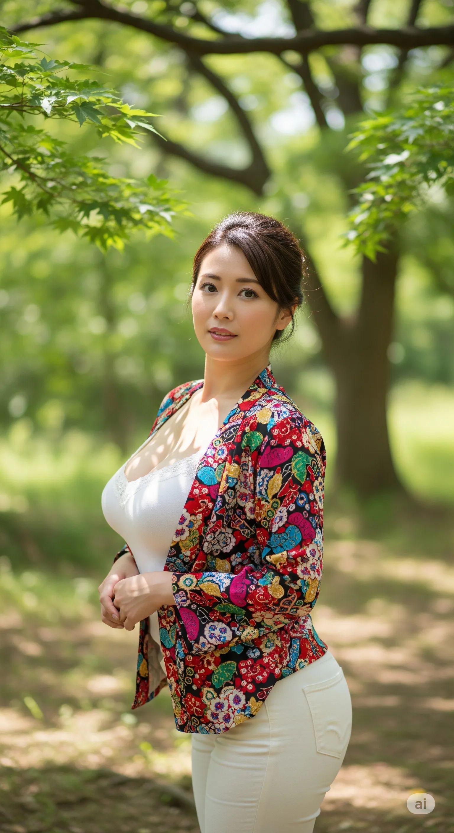 前屈み姿勢で強調される柄モノ越しの巨尻ショット