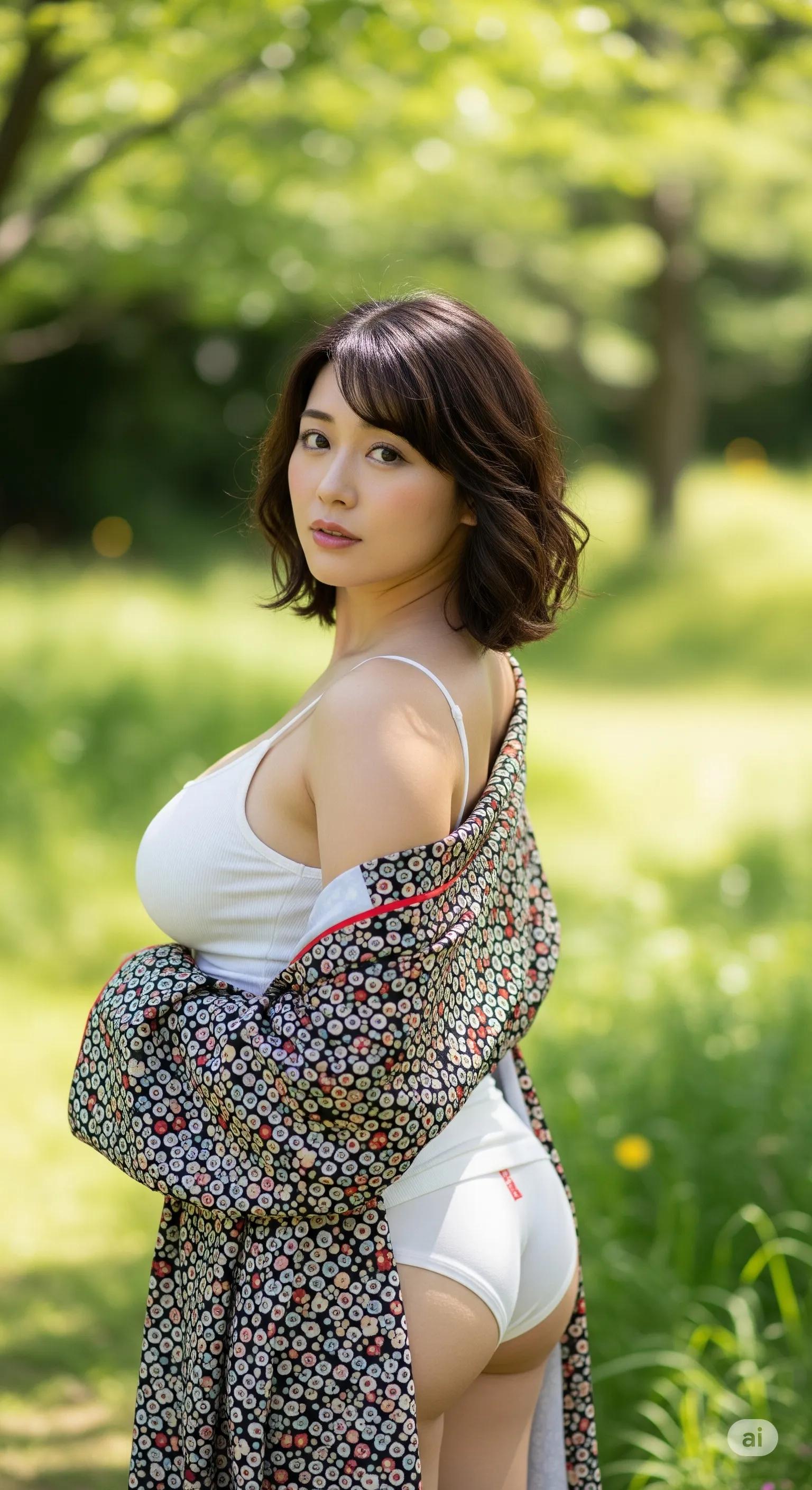 ソファの上で四つん這いになる柄モノ美女の背徳感