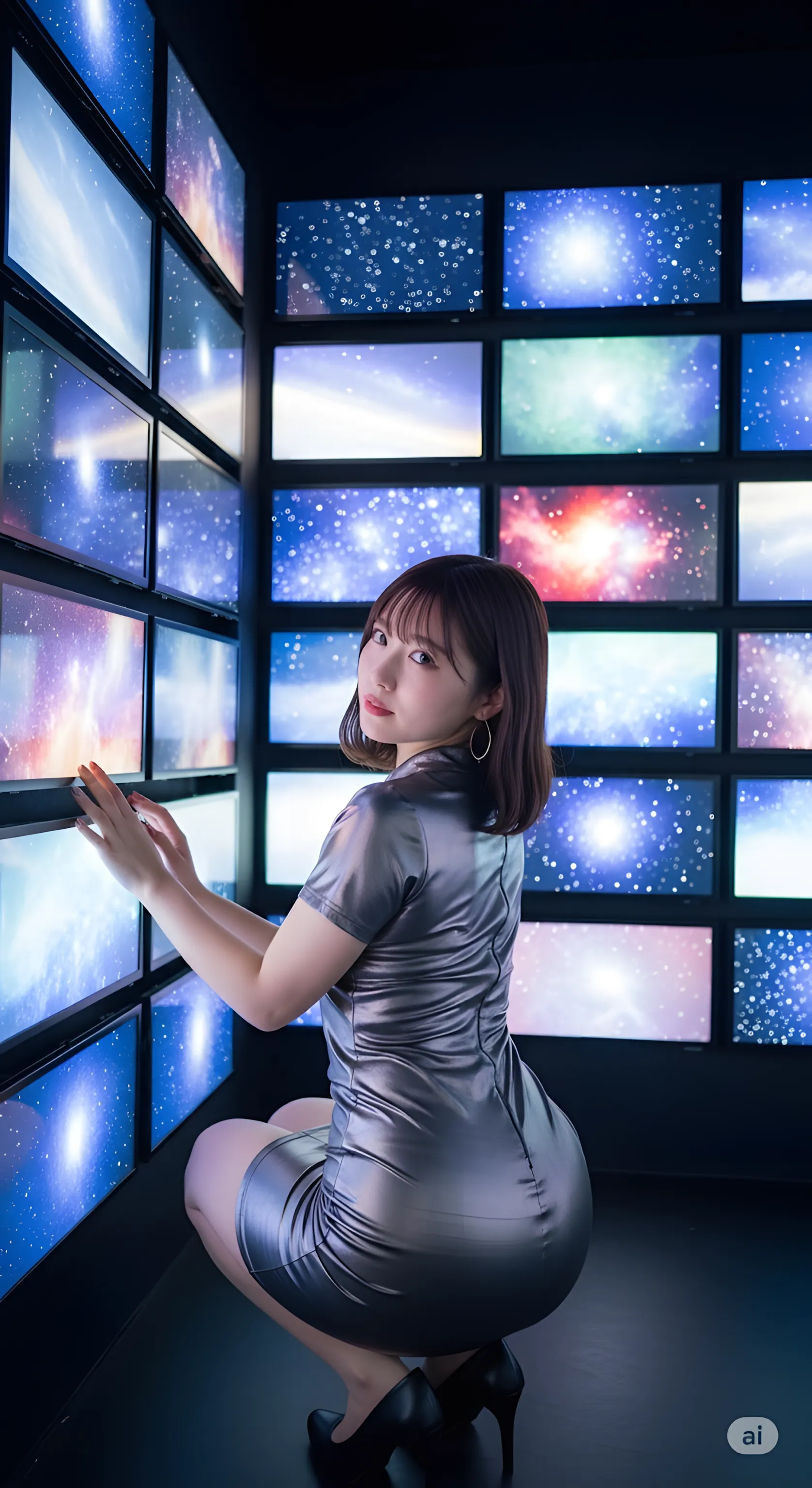 うんこ座りポーズからこちらを振り返る、デジタル空間の見返り美人画像