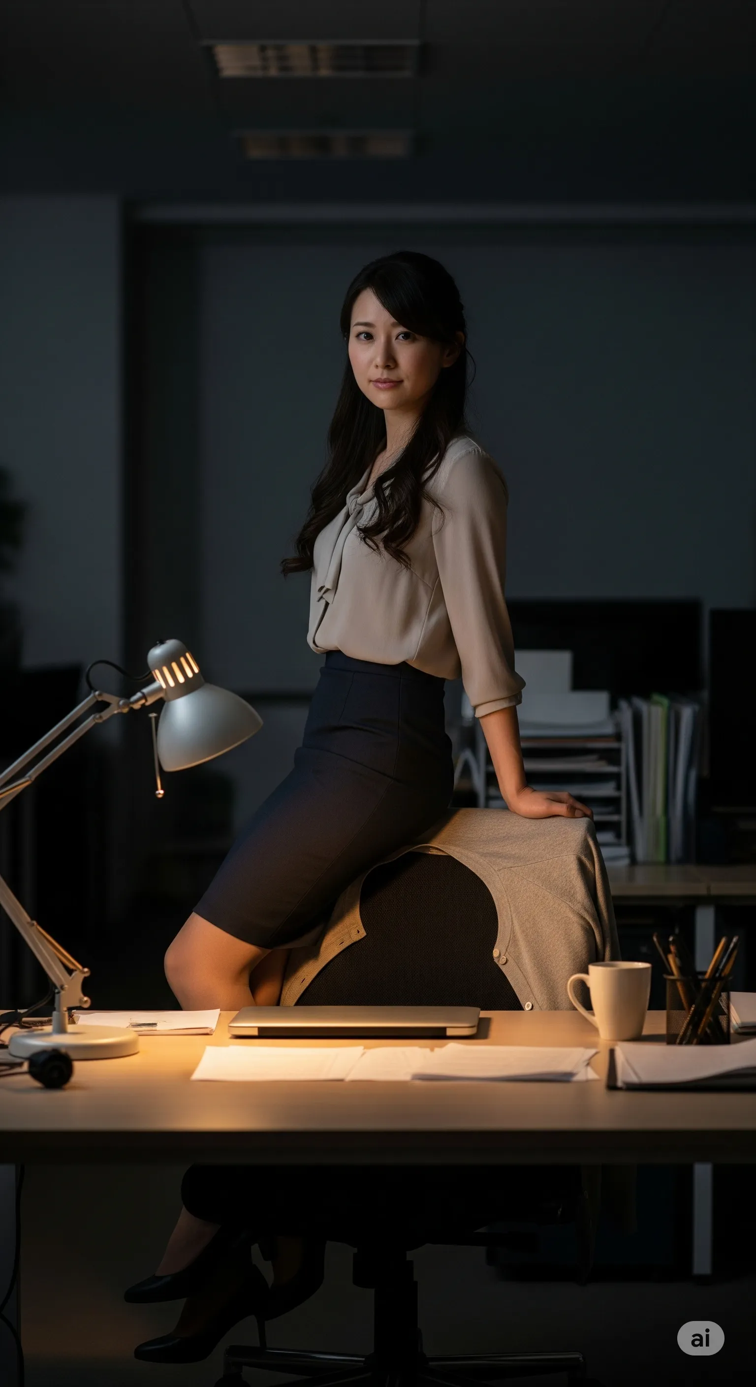デスクへ戻る途中で振り返る残業女子のミステリアスな表情 017