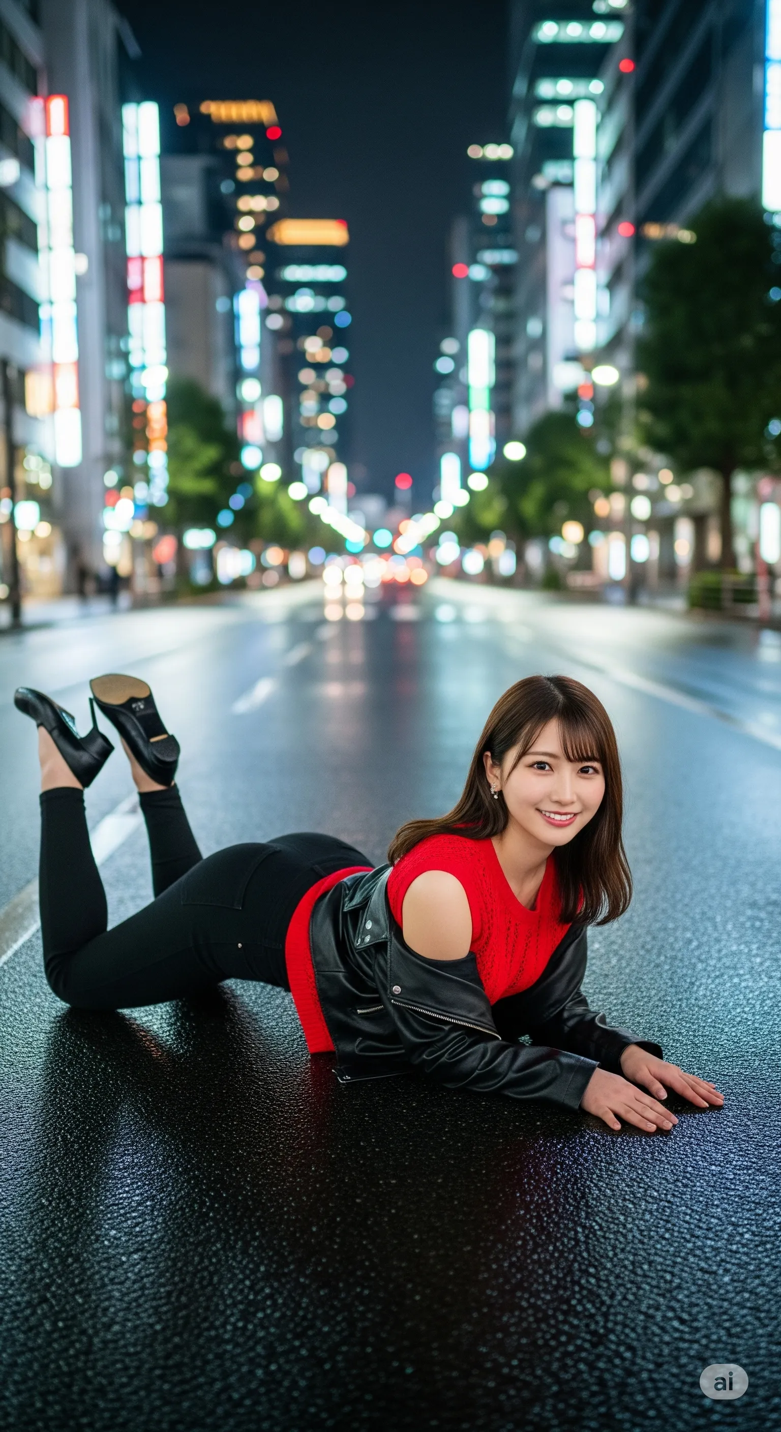 アスファルトに伏せる女社長のヒップラインが妖艶に輝く
