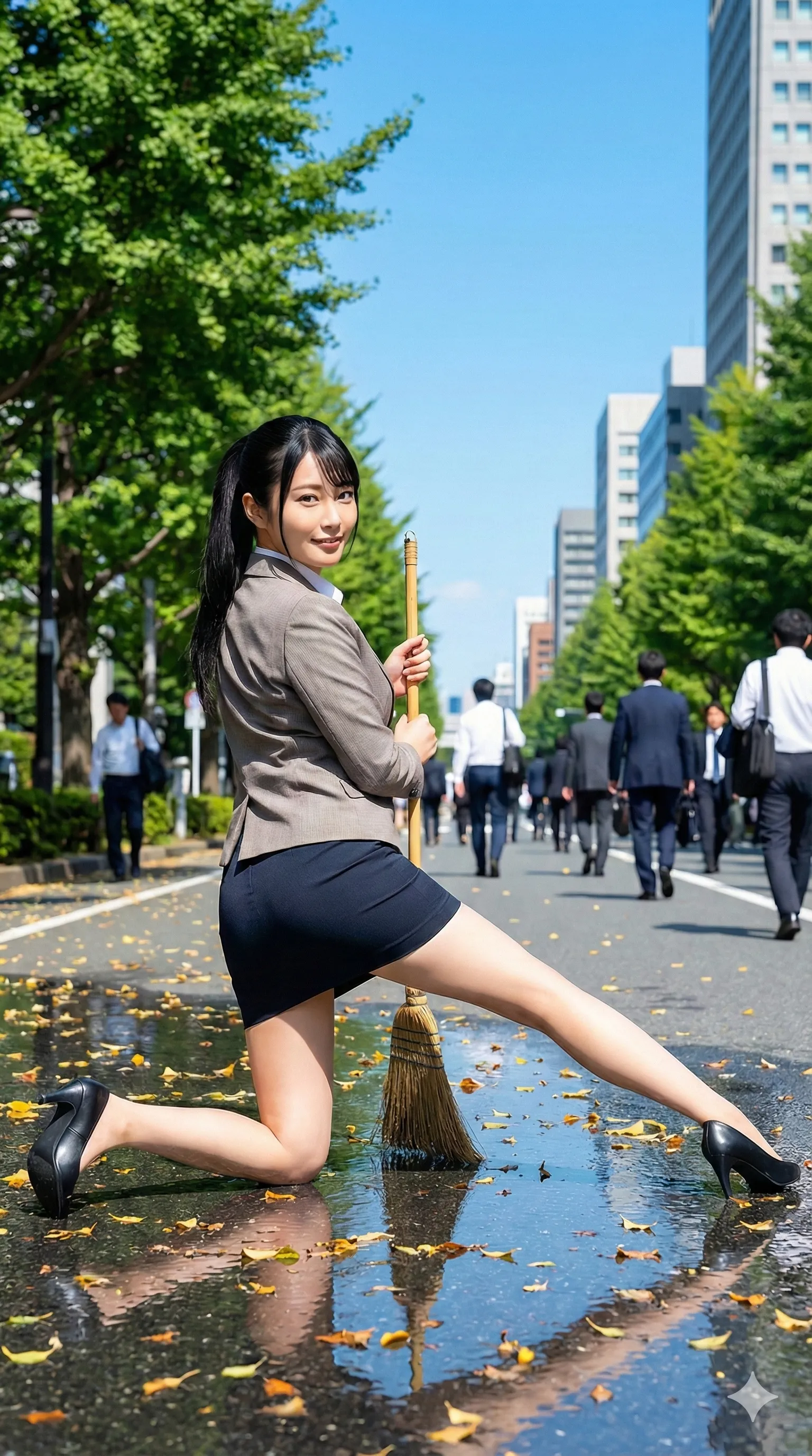 屋外で屈んで掃除するOL美女の丸み尻を捉えたフェチ画像 005