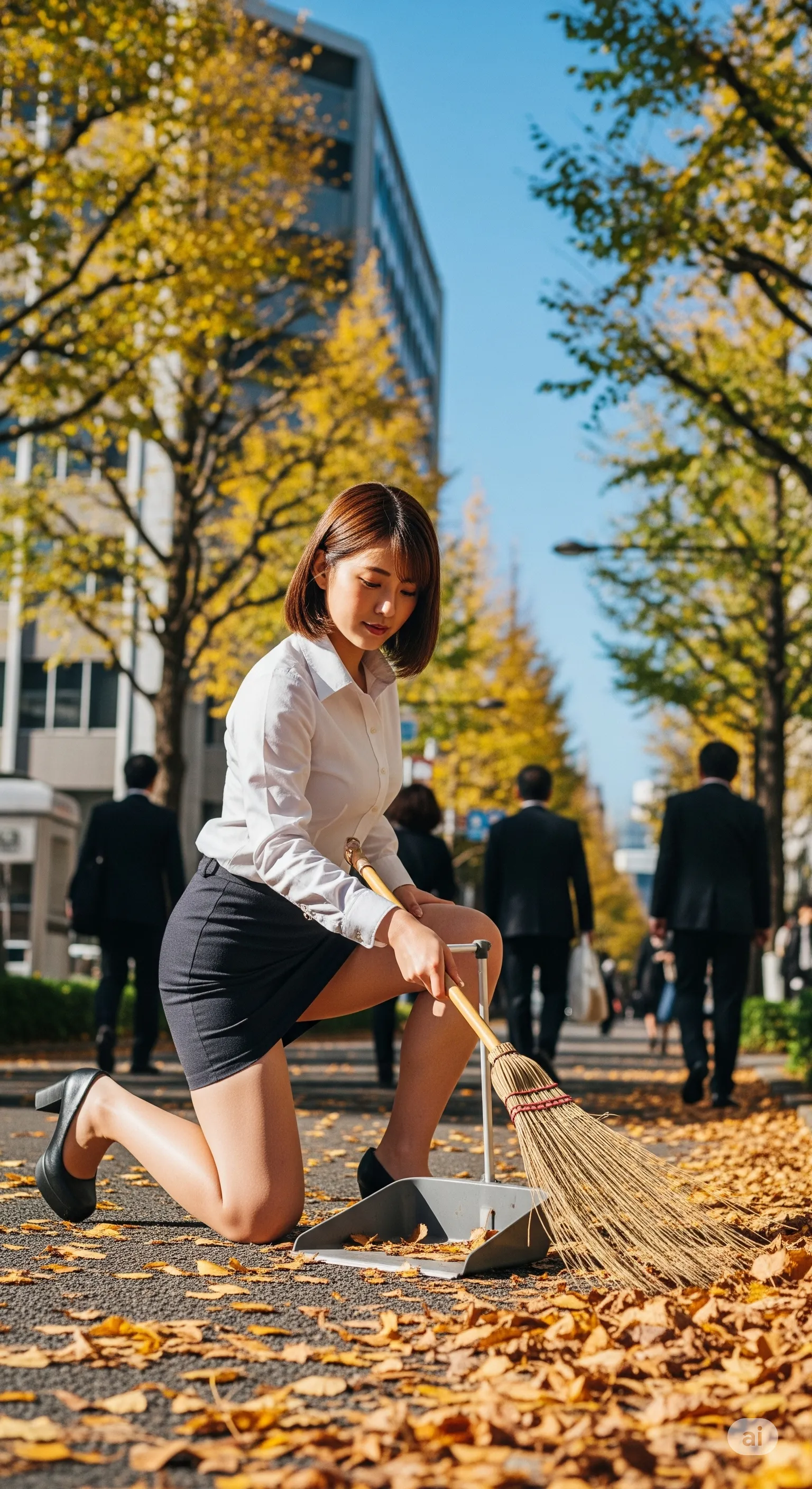 しゃがむ瞬間に太ももが露出するOL美女の自然フェチ画像 014