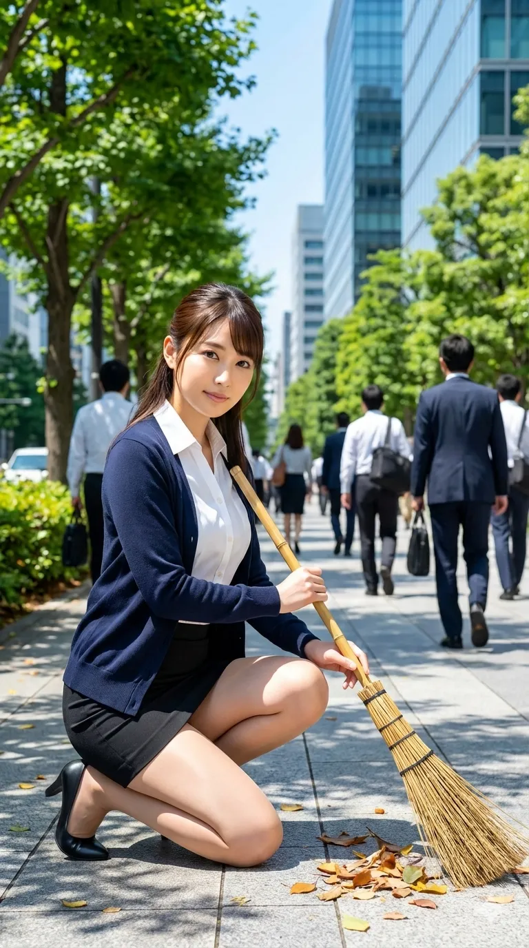 脚を軽く開いて掃除するOLの姿勢がエロく見える一枚 020