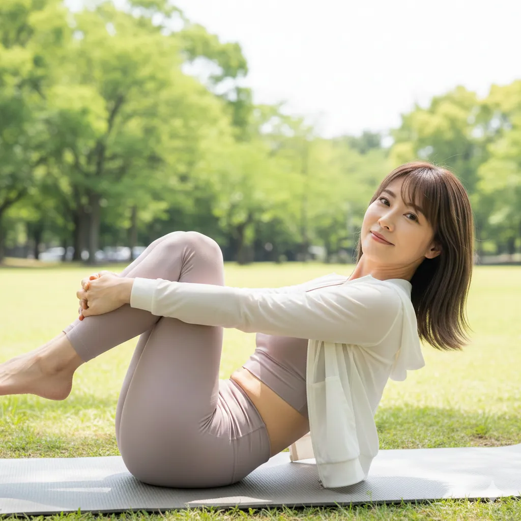 公園でのストレッチで美脚が際立つ女性08