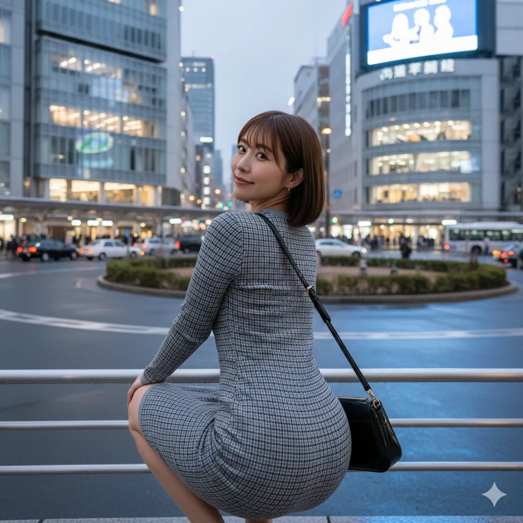 スクワット体勢でワンピが引き上がり太ももが露わになる美女 020
