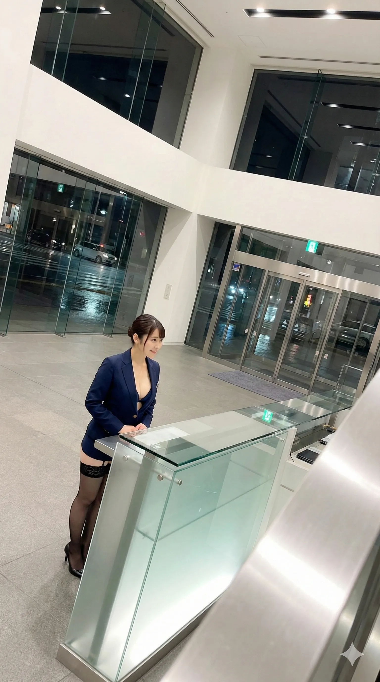 受付嬢が脚を伸ばして座る美脚アングル 024