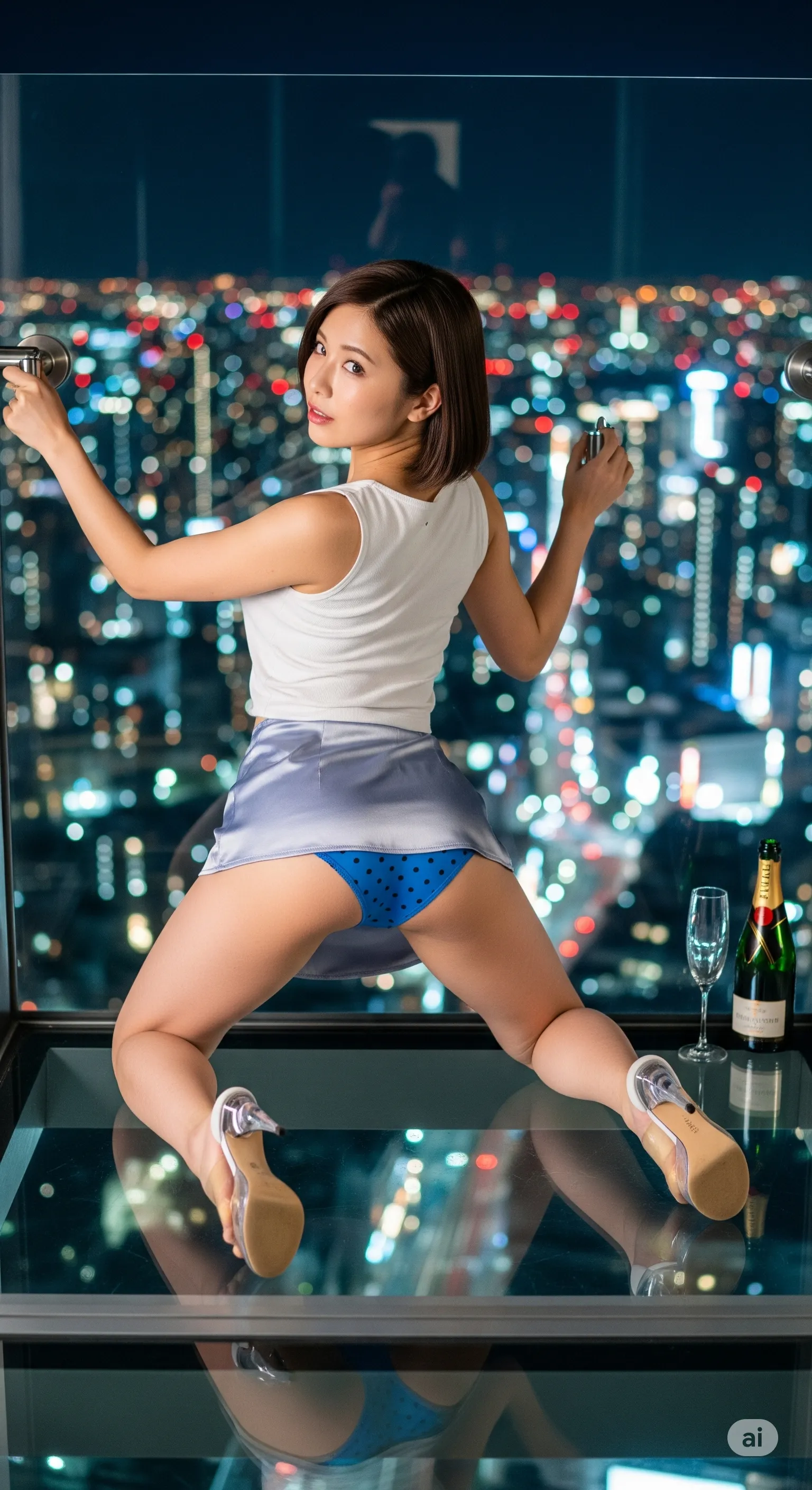 ビビッド柄パンティーがミニスカから覗く四つん這いフェチ構図 002