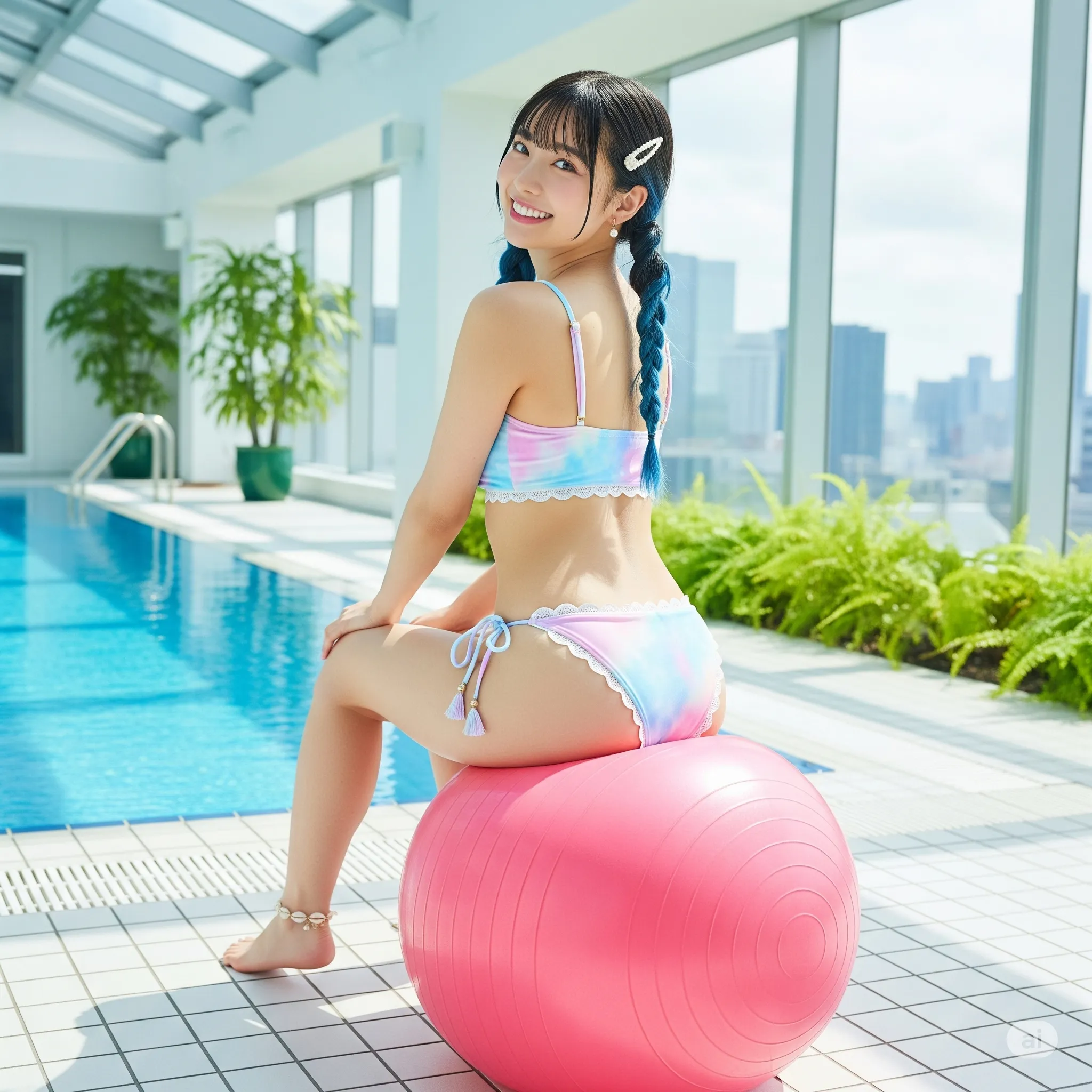 屋上プールでバランスボールに座る女性のショット050