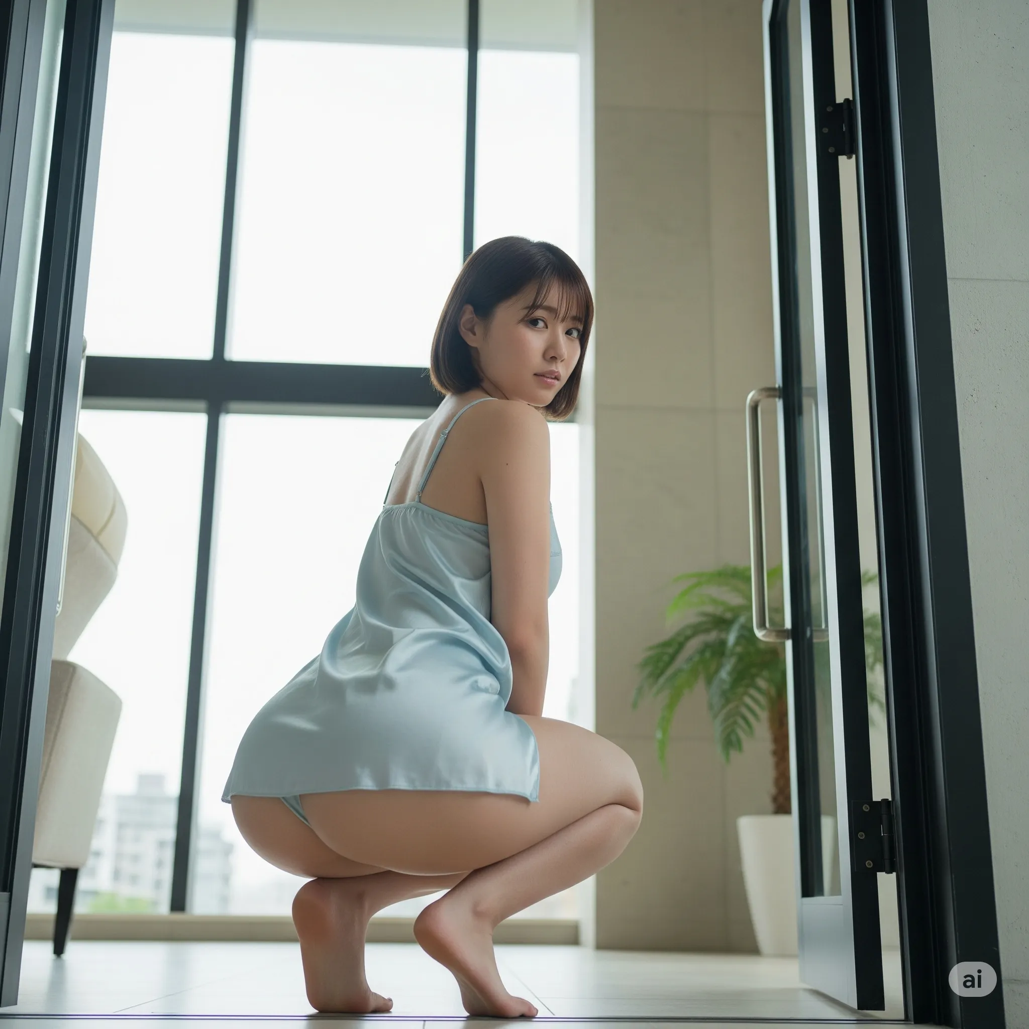 ピンクの部屋着ランジェリー しゃがみポーズの美尻
