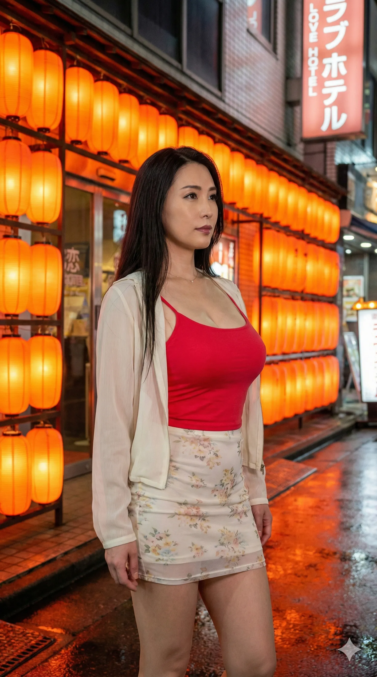 豊満熟女の熱い吐息が聞こえそうな、商店街での至近距離見返りエロ画像