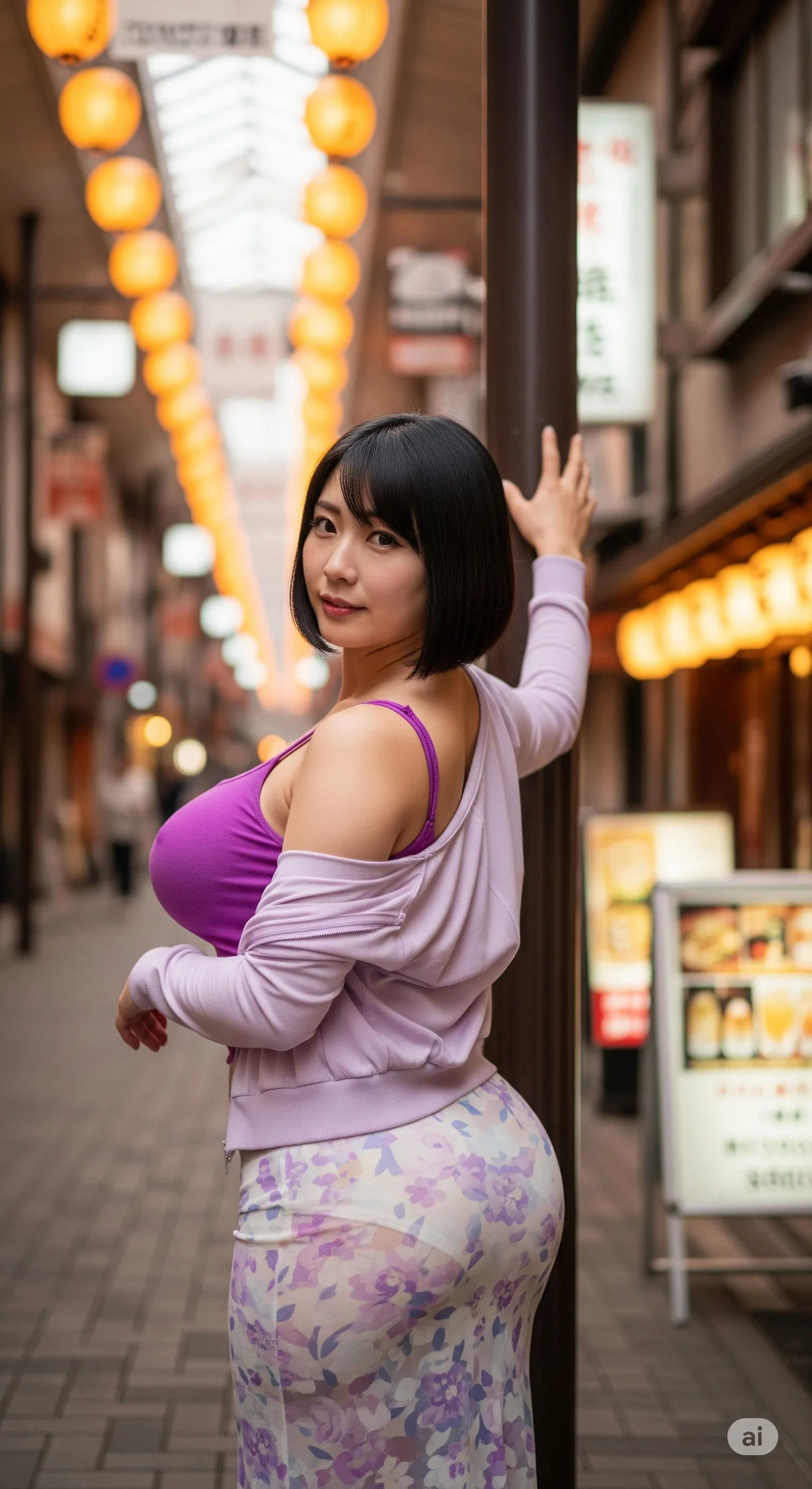 お尻を左右に振りながら商店街を歩く熟女の、躍動感あるバックショット