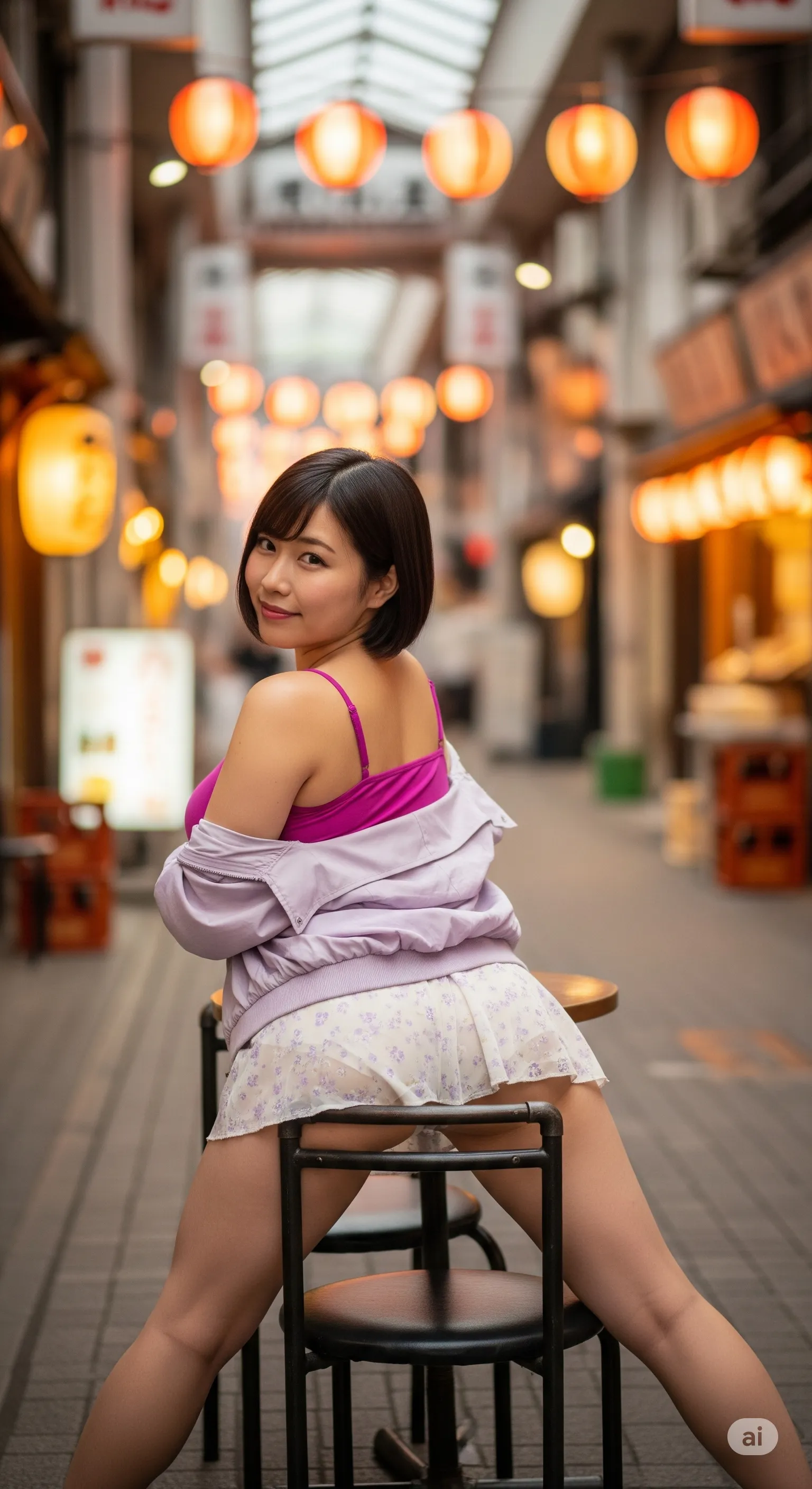 商店街の静寂に映える、熟女の肉厚なヒップボリュームのフィナーレ